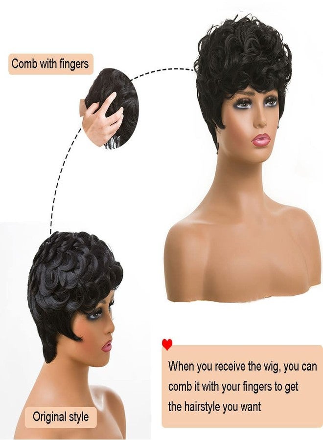 MOONSHOW Short Pixie Wigs for Black Women Short Black Curly Pixie Wig Synthetic Short Hair Wigs for Black Women Natural Wavy Black Pixie Cut Wig (Natural Black) - Image 5
